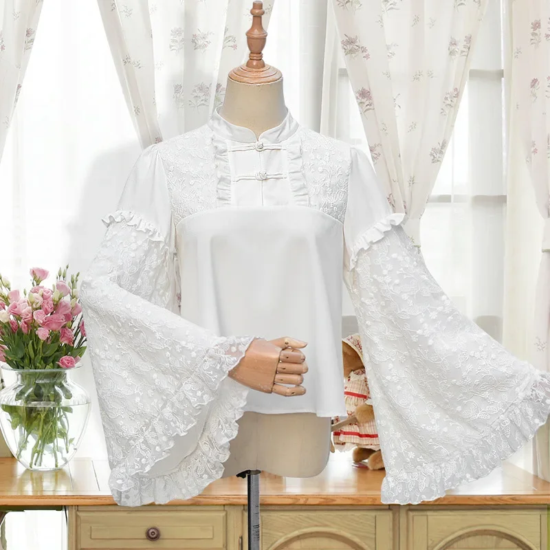 

Bell Sleeves Blouse Chemise Lace Tops Women Lolita Flower Ruffle Long Raglan Sleeves Stand Collar Shirt Costume For Girls White