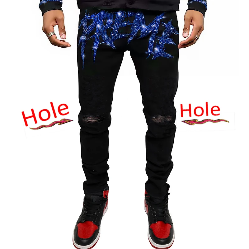 Pantalones pitillo elásticos rasgados para hombre, vaqueros negros ajustados con agujeros, ropa de calle con letras de diamantes de imitación de