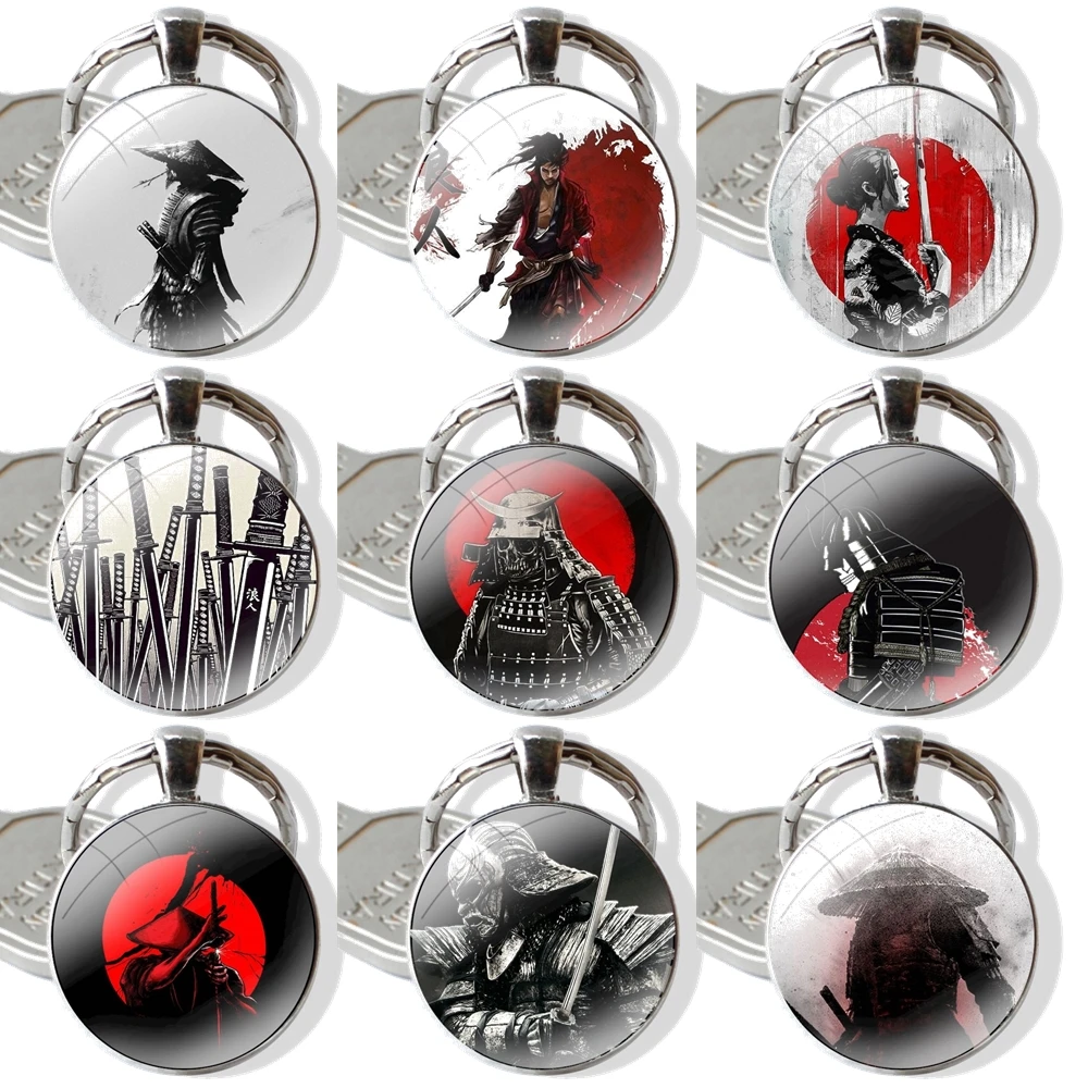 Japanese Bushido Samurai Keychain Handmade Glass Cabochon Key Ring Holder Pendant Key Chains