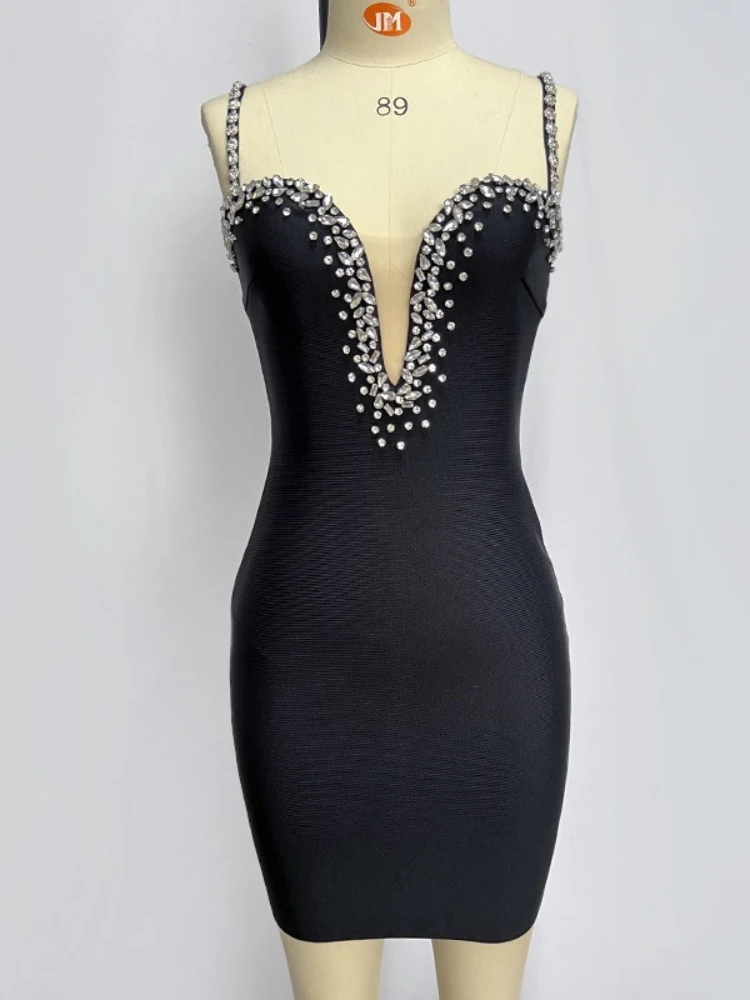 Robe de soirée glamour pour femme à strass étincelants, col en V profond, à fines bretelles, style bandage, transparente, pour célébrités, fêtes, banquets et spectacles