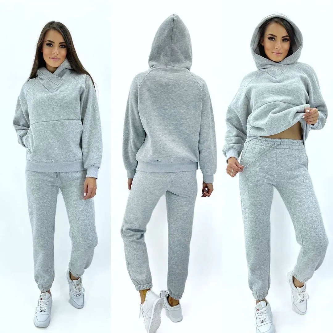 Hot Selling European and American Autumn Winter New Fashion Solid Color Hooded Hoodie Casual Two Piece Set