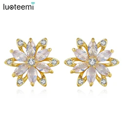 LUOTEEMI Green Pink Cubic Zircon Flower Stud Earrings for Women Fashion Blossom Snowflake Flowers Jewelry Child Friendship Gifts