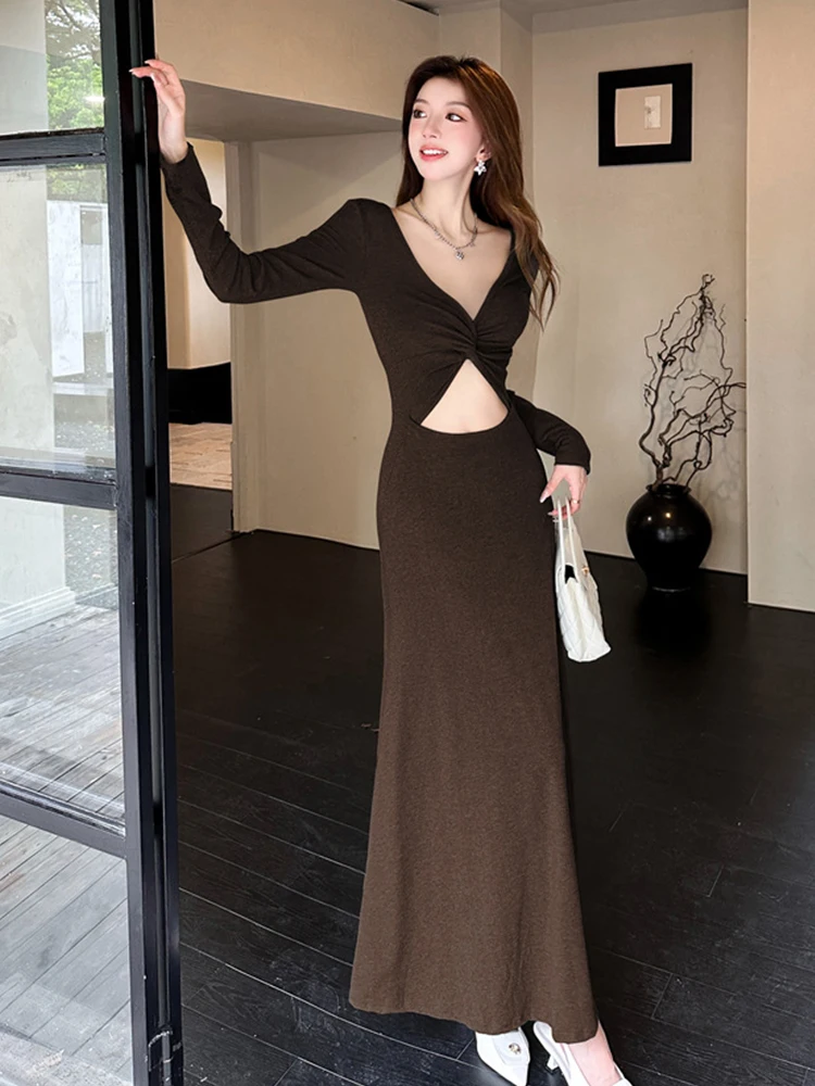 Holiday Casual Long Dress Women Clothes Elegant Chic Hollow Out Backless Swing Maxi Robe Party Prom Vacation Vestidos Spring