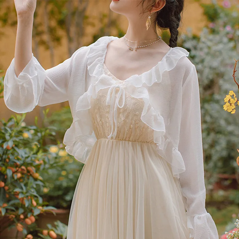 White Women Long Sleeve Open Front Sheer Bolero Chiffon Shrug Cardigan Wrap For Wedding Party Dress Cape Cover Up Summer Outwear