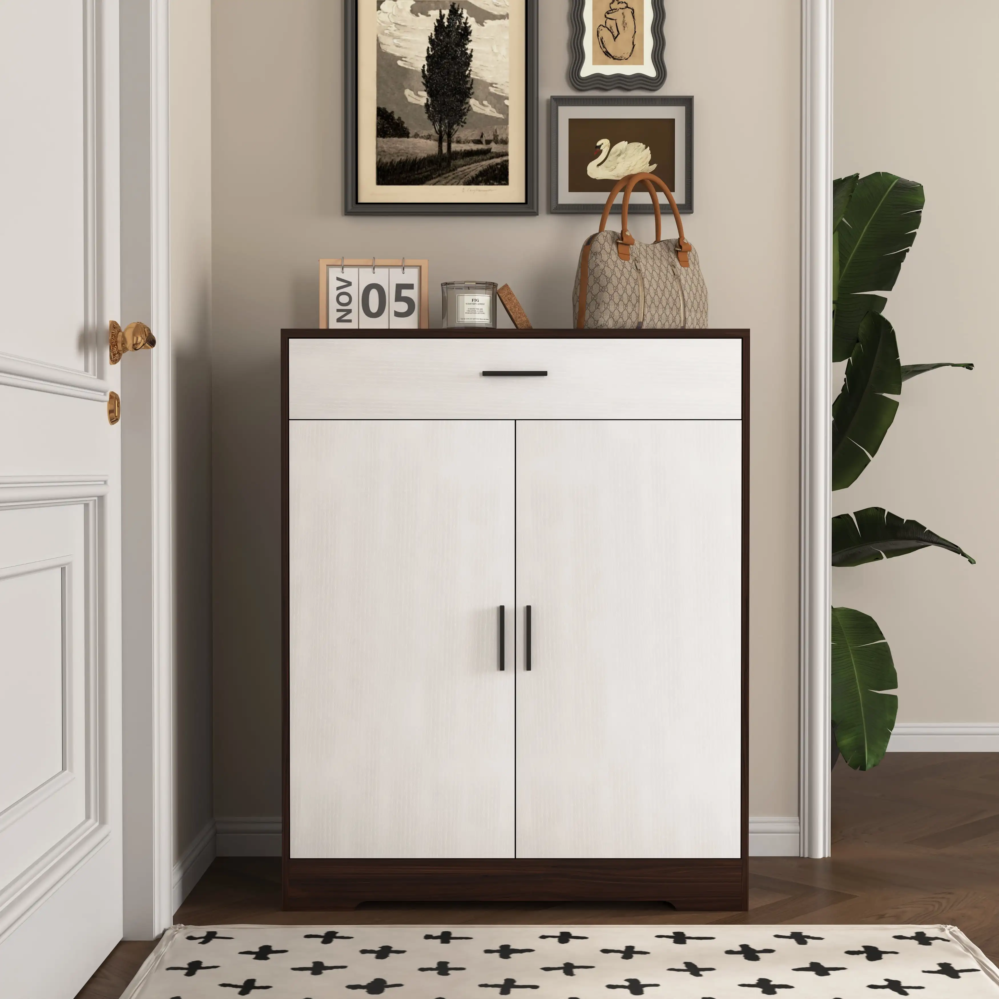 Cabinet with 2 Doors, Adjustable 3 Layers, 12 Pairs & Storage Open Space, White & Dark Brown Shoe Cabinets