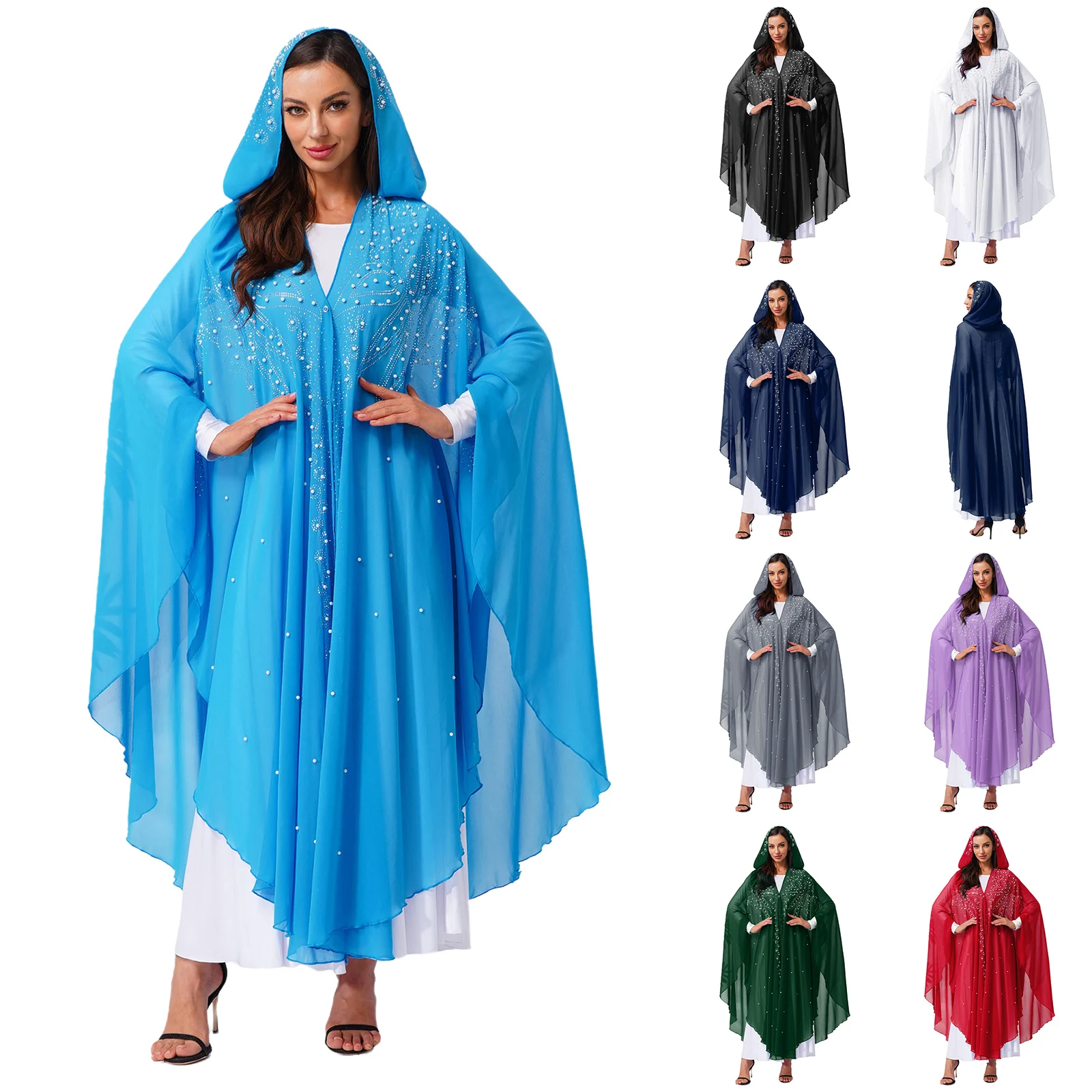

Womens Muslim Abaya See Through Chiffon Hooded Batwing Sleeve Open Front Hooded Kaftan Rhinestone Faux Pearls Decoration Robes