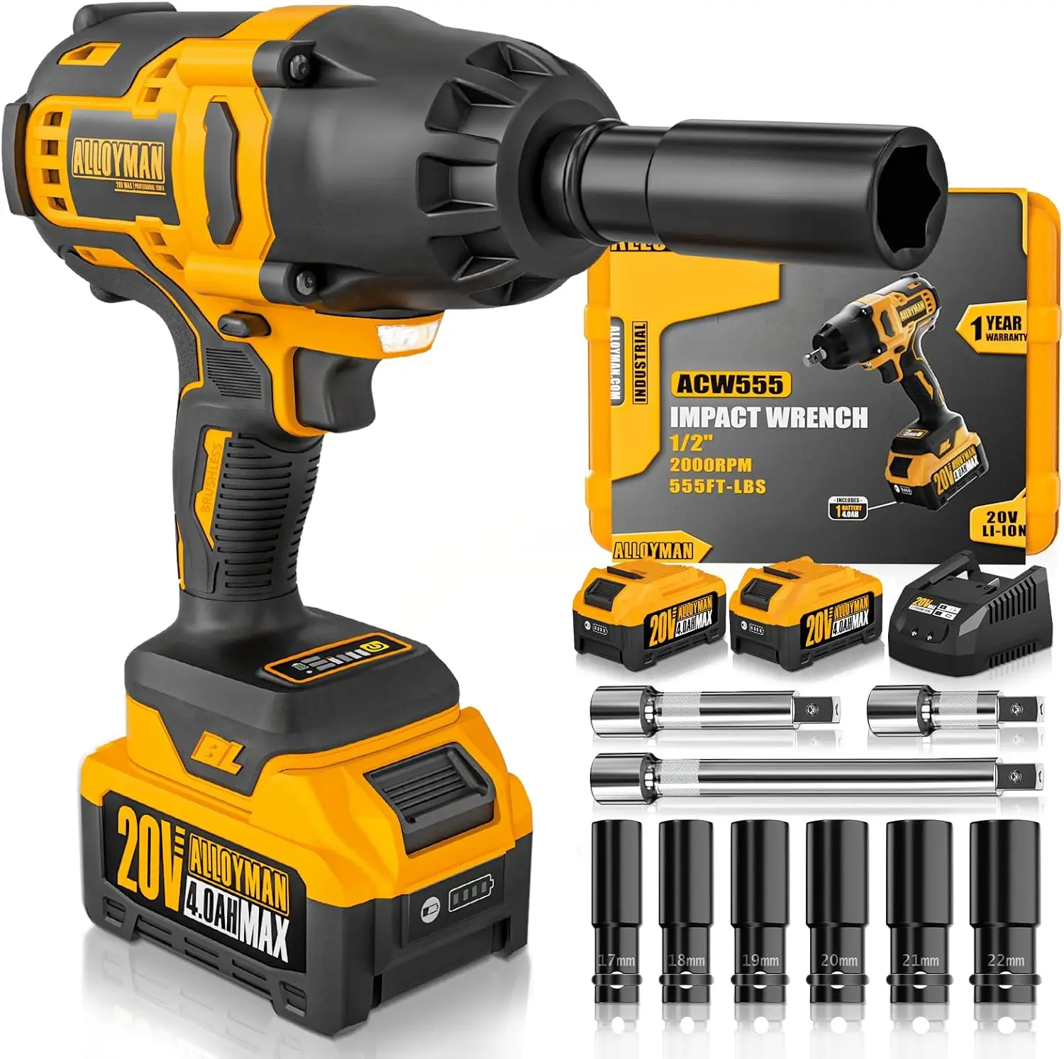 

1/2 inch Impact Wrench Cordless, (750 N.m) 555 Ft-lbs Hight Torque Wrench,20V Power Impact Driver, Brushless Motor 2000 RPM, 2x
