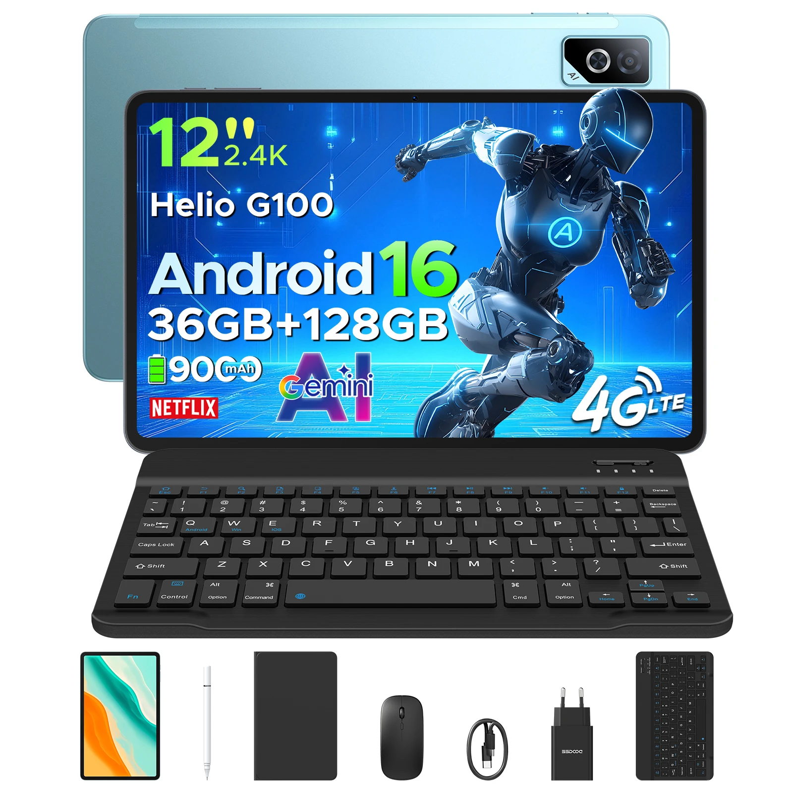 DOOGEE Tab G6 Pro Android 16 2-in-1 tablet-pc 12 inch 2.4K 36GB RAM (8+28) 128GB ROM Gemini AI 9000mAh batterij Helio G100 AI tablet
