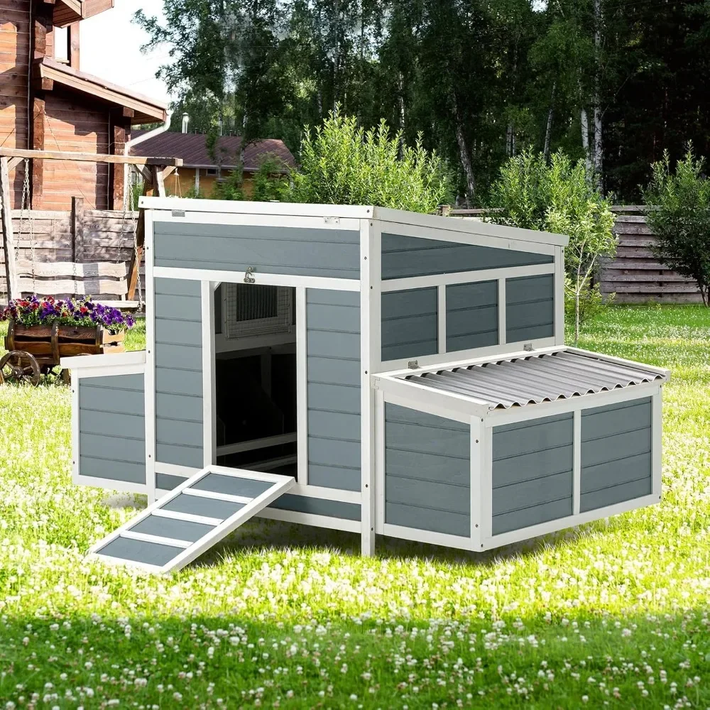 Large Chicken Coop with Running Track, 6 Chicken Coops, Wooden Coop, Outdoor Poultry and Pet Coop, 56.3X34.5X34