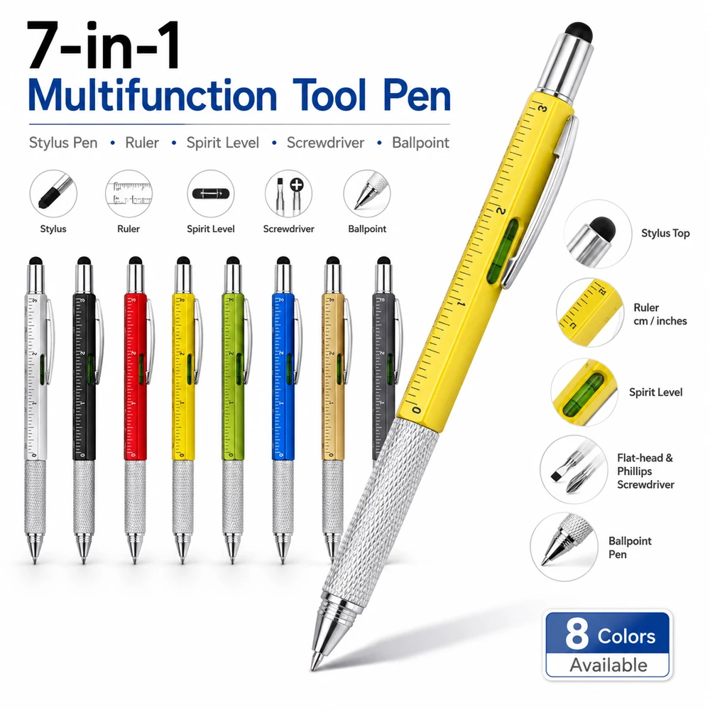 

5pcs 5-in-1 Multifunction Ballpoint Pen, Ruler + Screwdriver + Stylus + Spirit Level, Pocket Tech Tool for DIY & Office