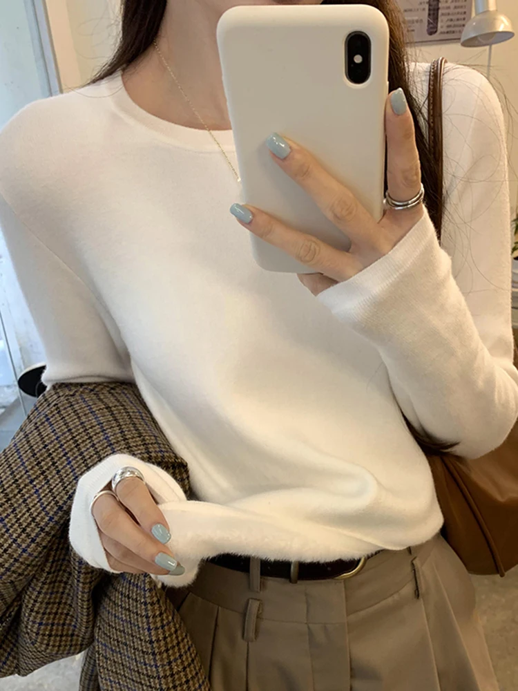 Simple Basic Fashion Street Women Pullover Autumn New Solid Color Slim Woman Pullover White Apricot Oat Slim Knitted Top Female