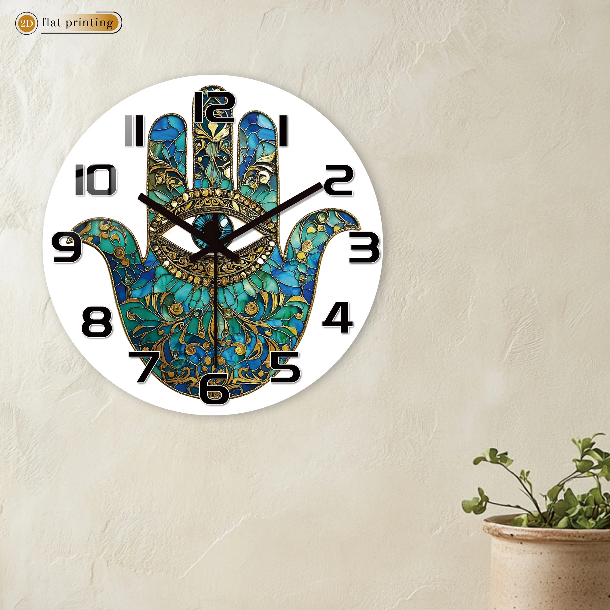 Hamsa Hand Evil Eye Wall Clock, Bohemian Blue Gold Pattern Decor, Cultural Symbolic Protective Home Accent