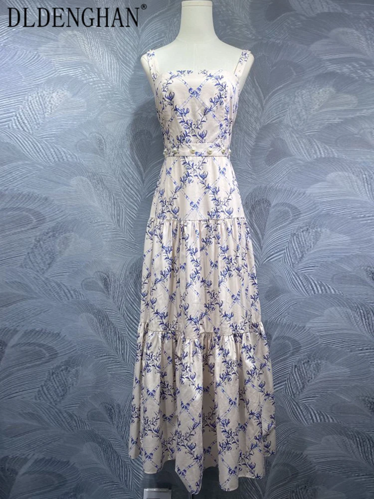 

DLDENGHAN Beading Cotton Backless Dress For Women Spaghetti Strap Sleeveless Flower Print Vintage Dresses Fashion Summer Female