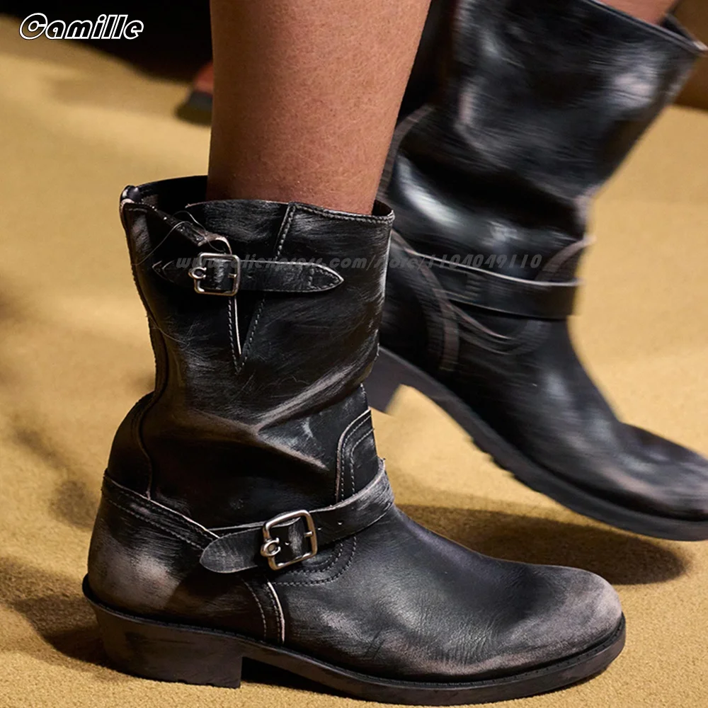 

Retro Genuine Leather Belt Buckle Strap Mid Calf Lady Casual Boots Size 35-44 All-Match Cowboy Boots Round Toe Catwalk Boots