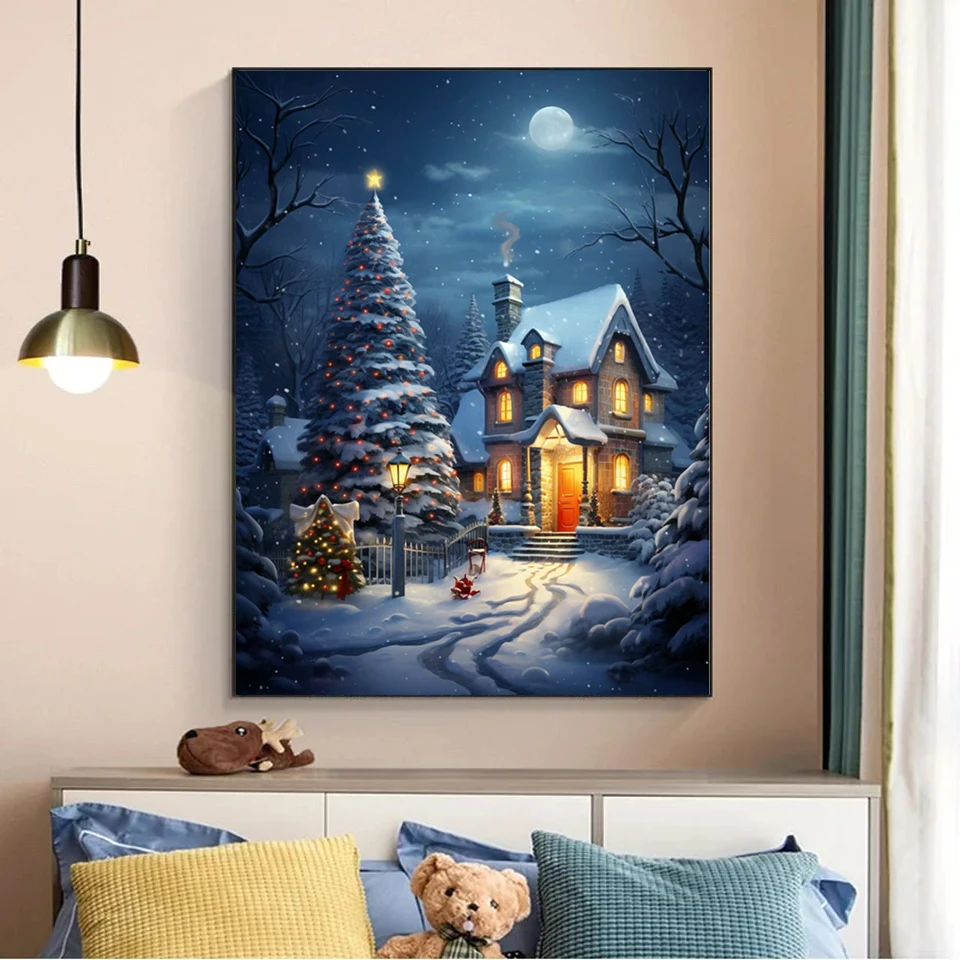 Christmas Night Landscape 5D Diy Diamond Painting New 2024 Mosaic Santa Claus New Year Gift Diamond Embroidery Cross Stitch