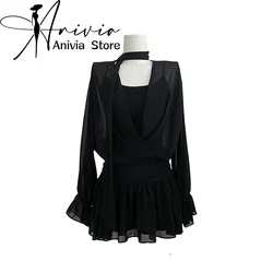 Women's Black A-line Dress Vintage French Style Long Sleeve Mini Dresses Y2k Elegant Party Club One Piece Frocks 2000s Clothes