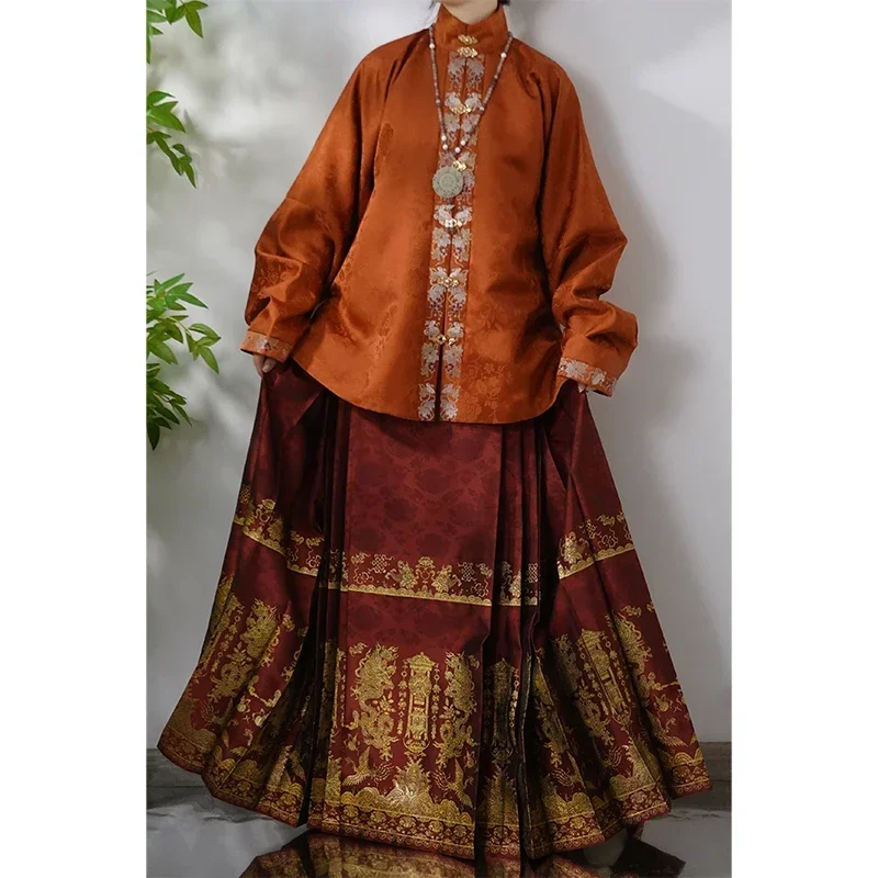 Hanfu Dragon and Phoenix Spot Satin Stand-up Collar, Short Jacket, 4.5 Meters, 5 Pairs of Pleated Horse Face Skirts, Minute Size