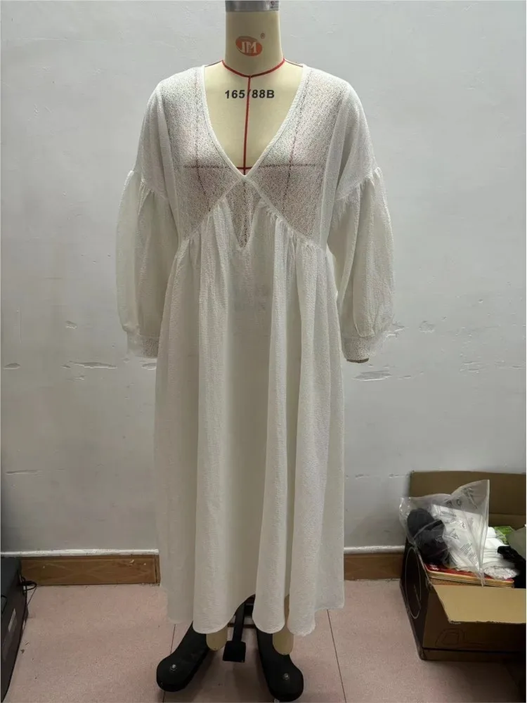 Sexy V Neck Lace Hollow Long Dresses Women Solid Loose Dress Casual Long Sleeve Vintage Beach Dresses New Vestidos Para Mujer