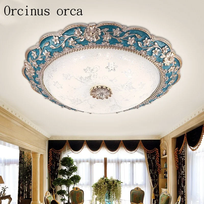 Mediterranean Garden carved blue ceiling lamp living room bedroom European retro round led glass ceiling light