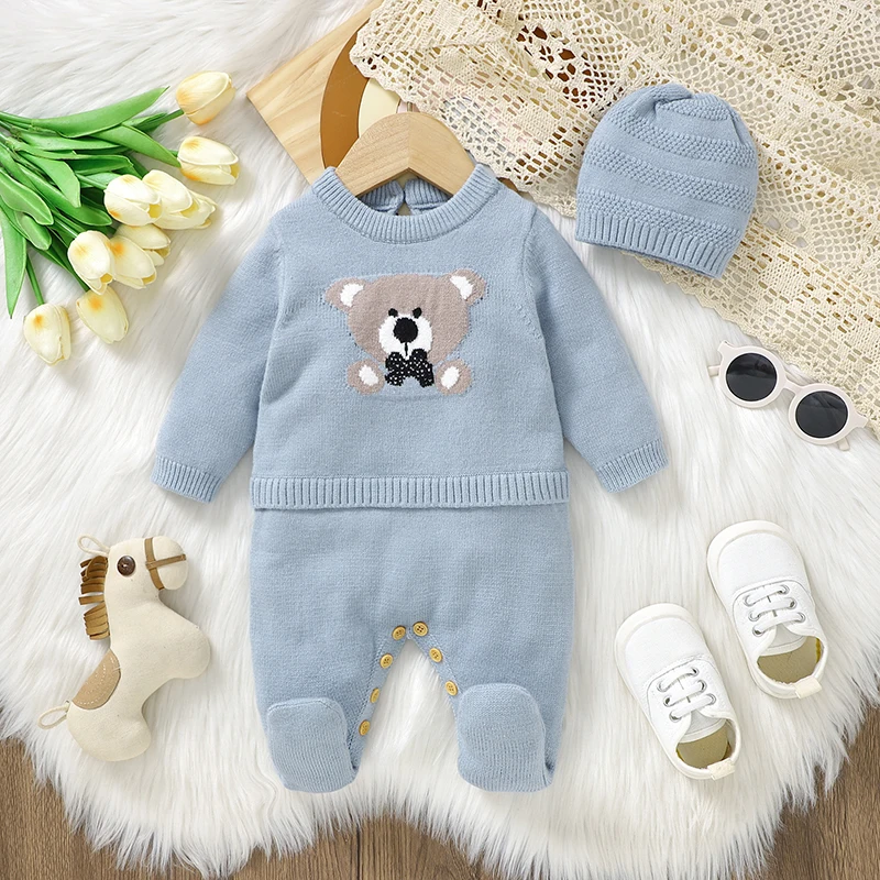 0-18m Baby Rompers Hats Sets Spring Fall Winter Blue Long Sleeve Knitted Newborn Boys Outwear Playsuits Hats Costumes 2pcs Suits