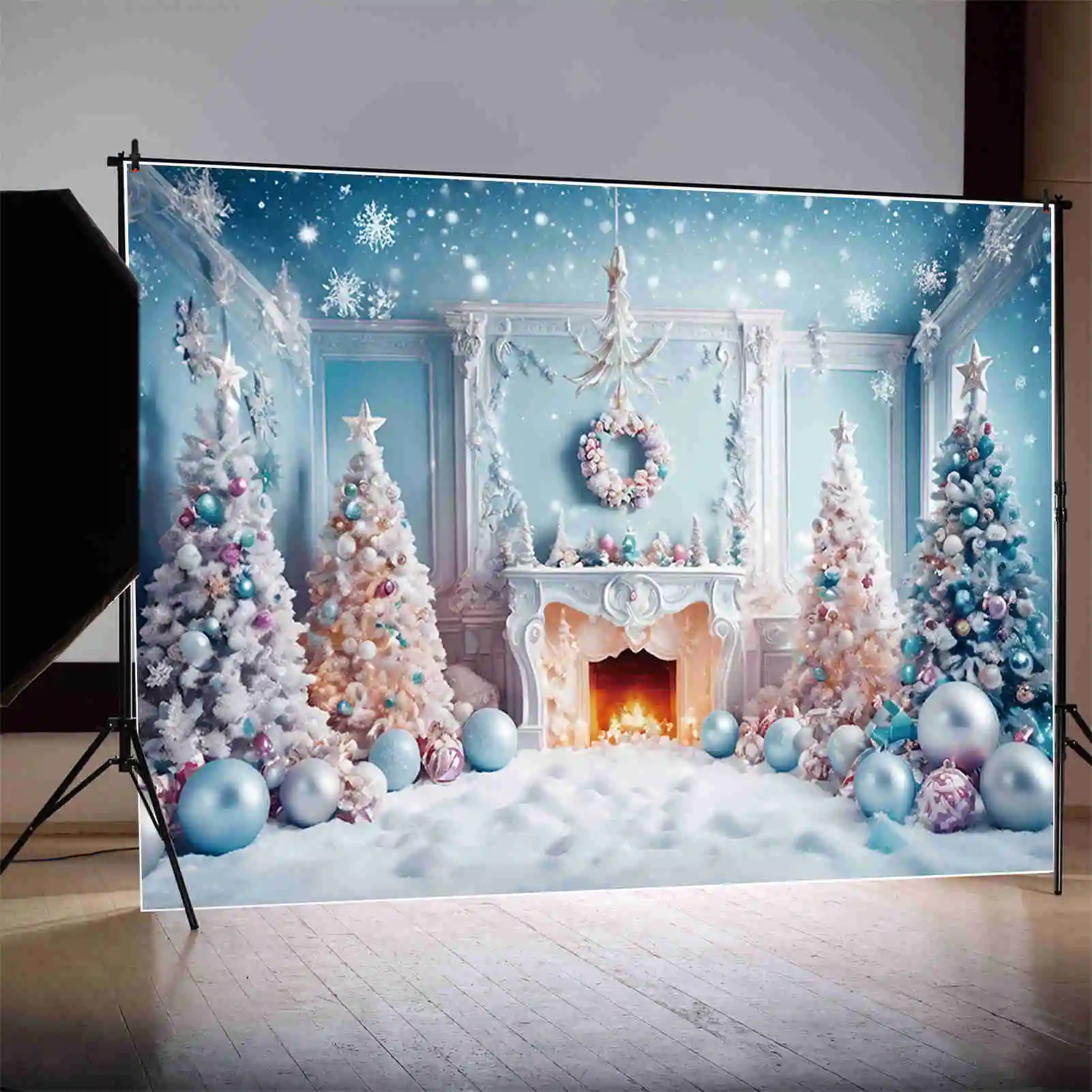 MOON.QG Lighting Christmas Trees Backdrop Ball Home Room Snowflake White Blue Girls Backgrounds Party Decor Photography Supplies