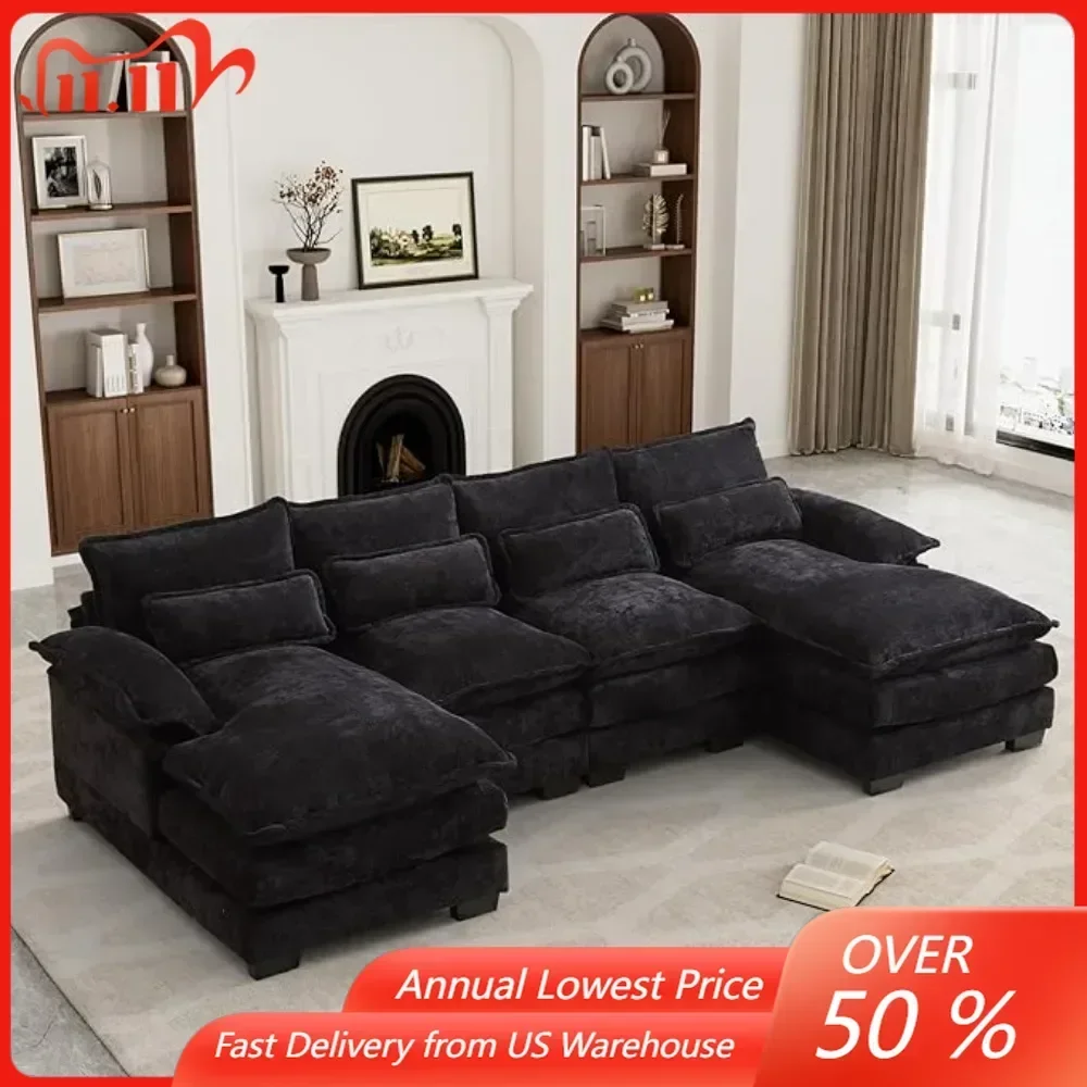 

110" U Shape Sectional Cloud Couch,Modern Chenille Comfy Modular Sofa, 4 Seat Sleeper,Double Chaise,Black Living Room Sofas