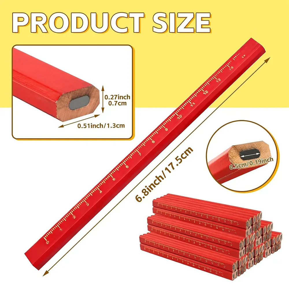 30/60pcs Carpenter Pencils with Ruler Scale, Red Flat Octagonal HB Black Lead Marking Pencils for Construction & Woodworking