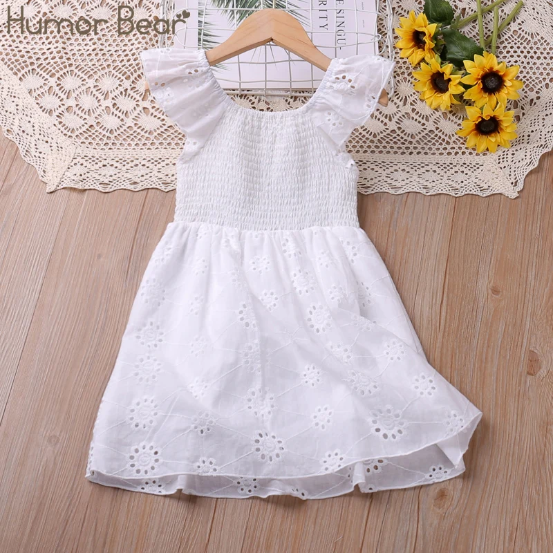 

Humor Bear Kids Girl Dress Summer Solid Color Sleeveless Tassel Hollow Out Lace Princess Dress Kids Clothes Children's clothes