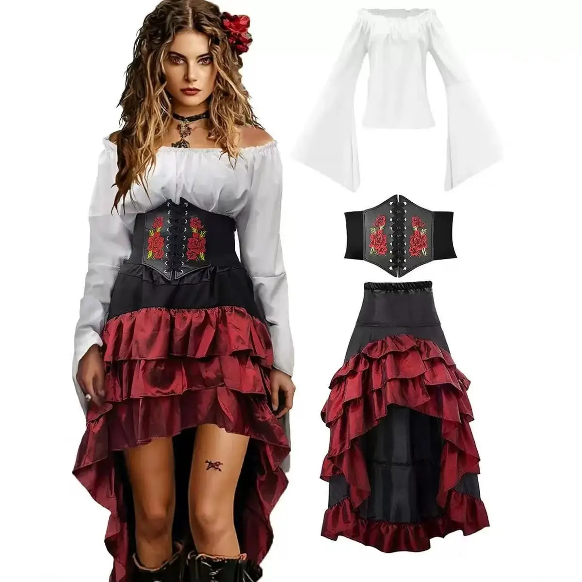 Movie Backrooms Captain Clark Pirate Cosplay Costume Men Fancy Waistcoat Hat Shirt Waist Sash Belt Full Set Women Pirate Dress view 6