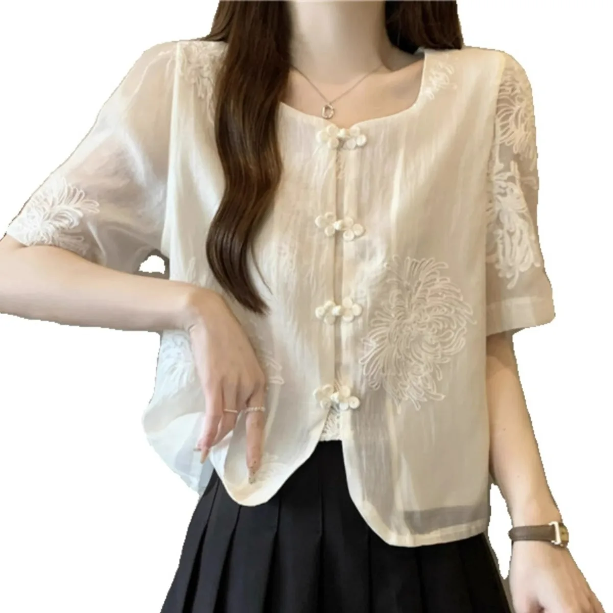 المطرزة بلوزة شيفون المرأة قصيرة الأكمام فضفاضة خمر قمصان مكتب سيدة لباس غير رسمي ربيع الخريف موضة جديدة
