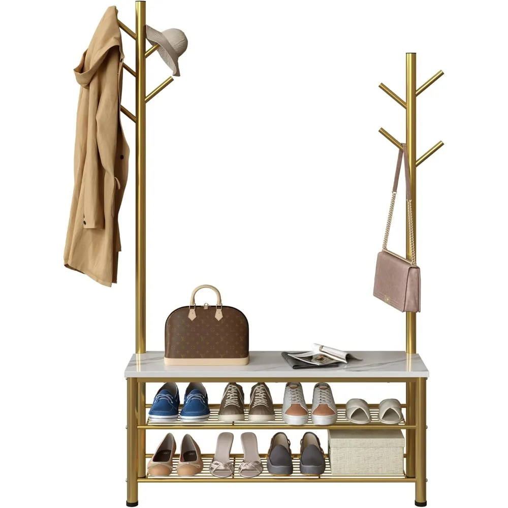 

Coat rack, 35.4-inch bench, 3-layer shoe rack, with 9 hooks, used for hallway bedrooms, white marble slabs, and metal pipes