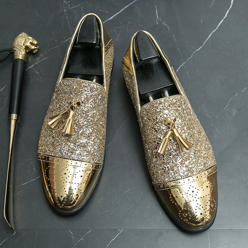 Men Wedding Tassels Leather Shoes Luxury Designer Pointed Gold Sequin  Loafers Brand Dress Evening Footwear Zapatos Hombre - AliExpress 322
