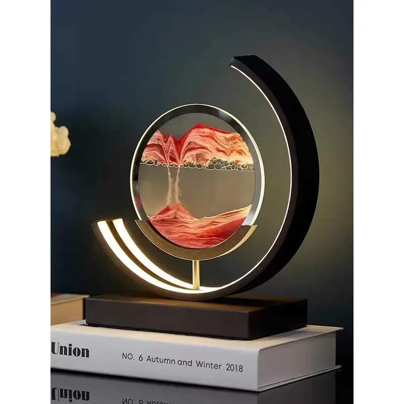 3D Rotating Quicksand Hourglass Ornament Solid Wood Desktop Decoration Stress Relief Art Piece for Living Room Office Desk
