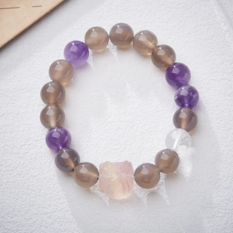 10mm Natural Gray Agate Amethyst White Crystal Beaded Strand Bracelets for Women Men Fluorite Lion Lucky Jewelry Gifts YBR1209