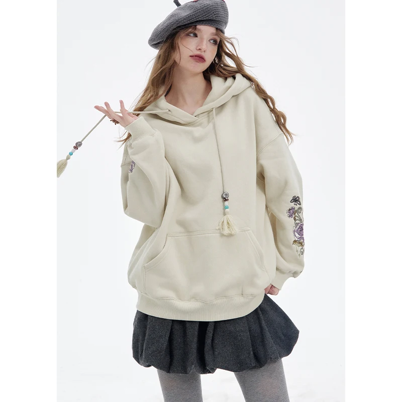 ELFSACK 2025, Winter-Neuheiten, Y2K, lässig, locker, solide, florale Grafik, Quaste, Kordelzug, Kapuzenpullover für Damen