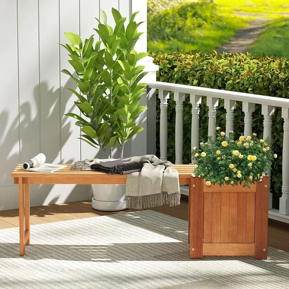 

2-in-1 Wooden Planter Bench Kit: Outdoor Garden Seat with Storage, Slotted Construction, Natural Finish