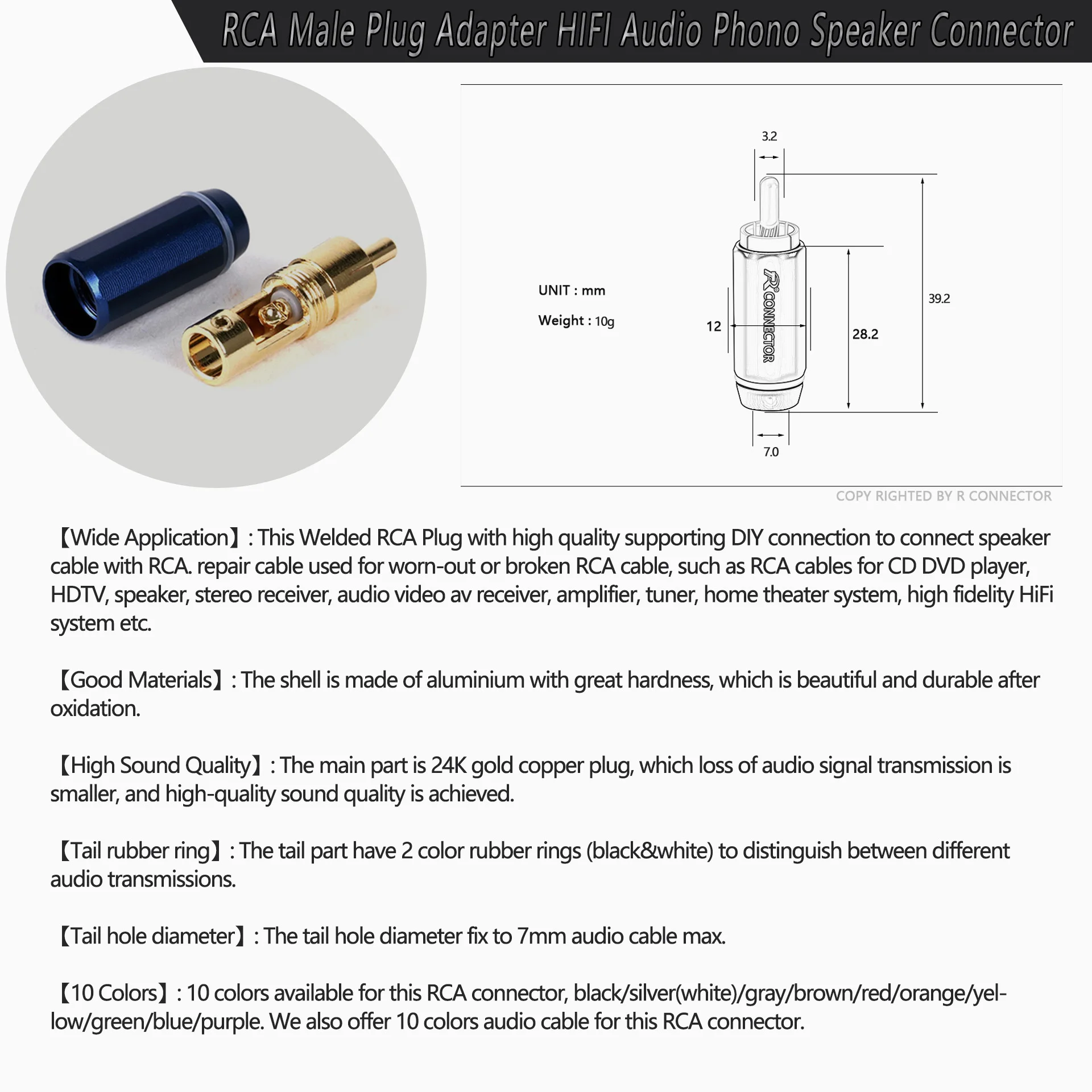 1Pair Gold Plated Plug RCA Male Connector, Support Cable Up to 6mm,RCA HIFI Terminal Phono Connector