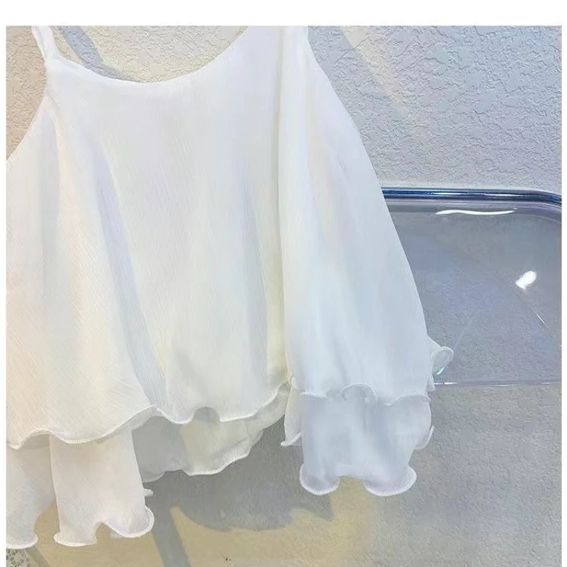 Kids Girls Chiffon Sling Tops 2025 New Arrival Children Casual Double-layer Camisole Whtie Green Tops Japanese Korean Style