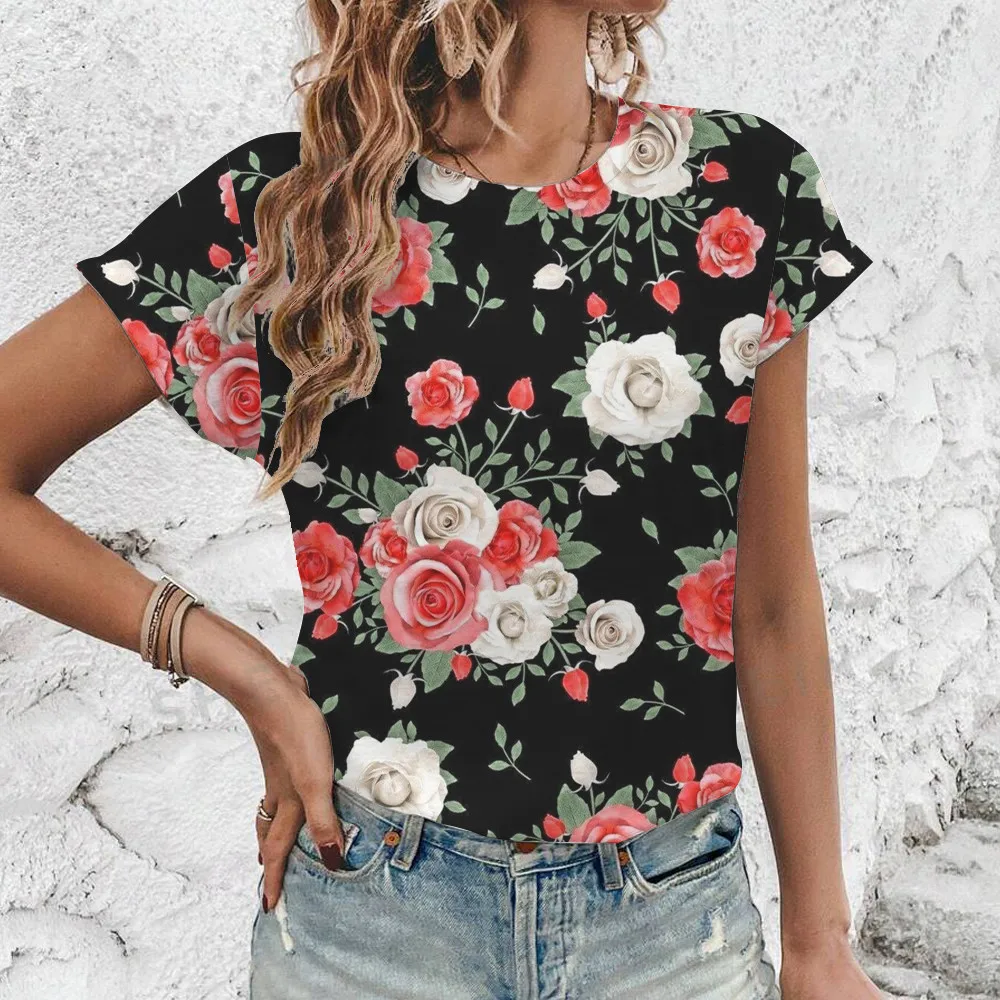 Fashion New Breathable Loose Round Neck T-shirt Summer Casual Comfortable T-shirt Vintage Flower Print Elegant Women\'s T-shirt