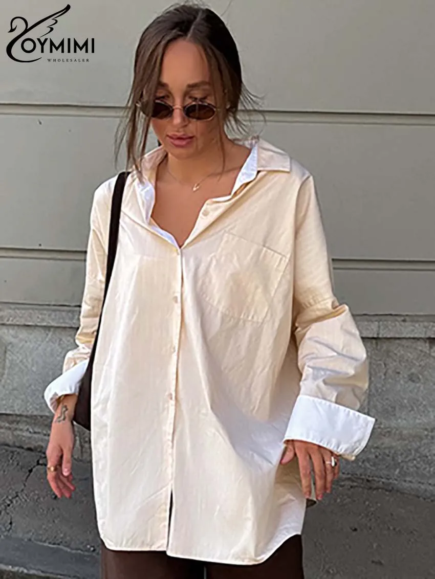 Oymimi Fashion Apricot Cotton Women Shirts Elegant Lapel Long Sleeve Patchwork Blouses Casual Pockets Buttton Shirts Streetwear