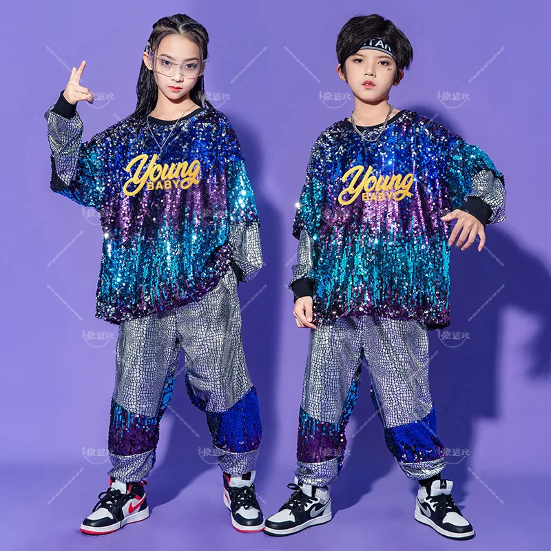 キッズボールルームダンス服、女の子と男の子のためのヒップホップコスチューム、ジャズステージの衣装、ダンスウェア、パーティーストリートウェア、Tシャツとパンツ