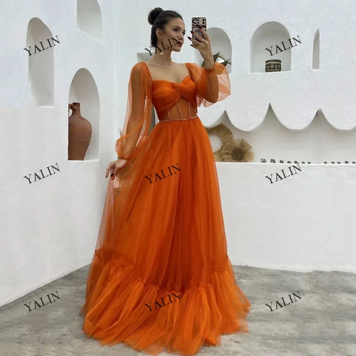 YALIN Elegant Puff Sleeve Homecoming Dresses A-Line Illusion Organge Prom  Long Pleated Evening Party Gowns 2022