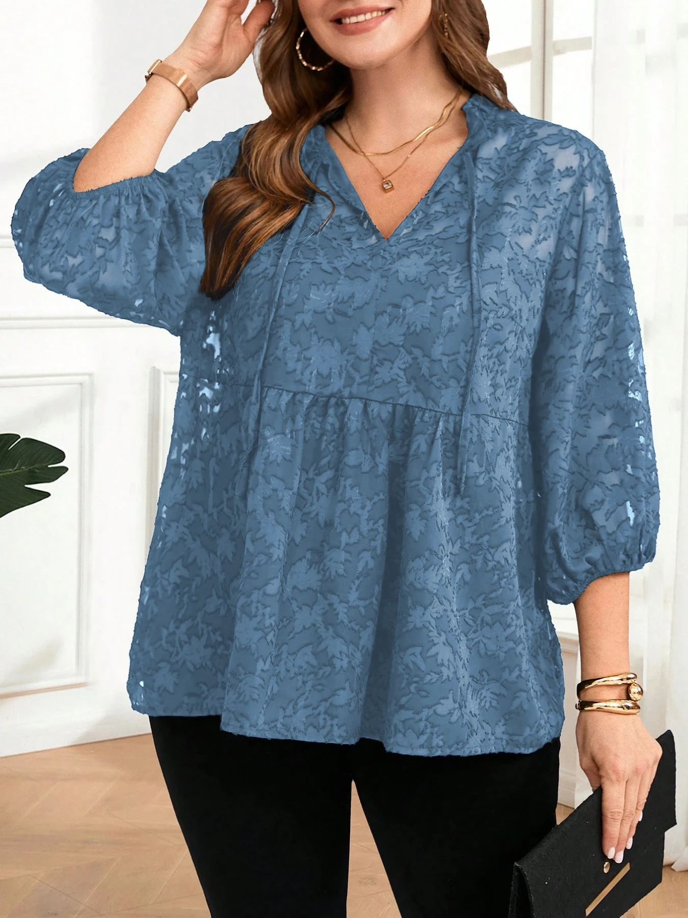 بلوزة نسائية كبيرة الحجم كاجوال وأنيقة للعطلات مطبوعة بأكمام واسعة #3