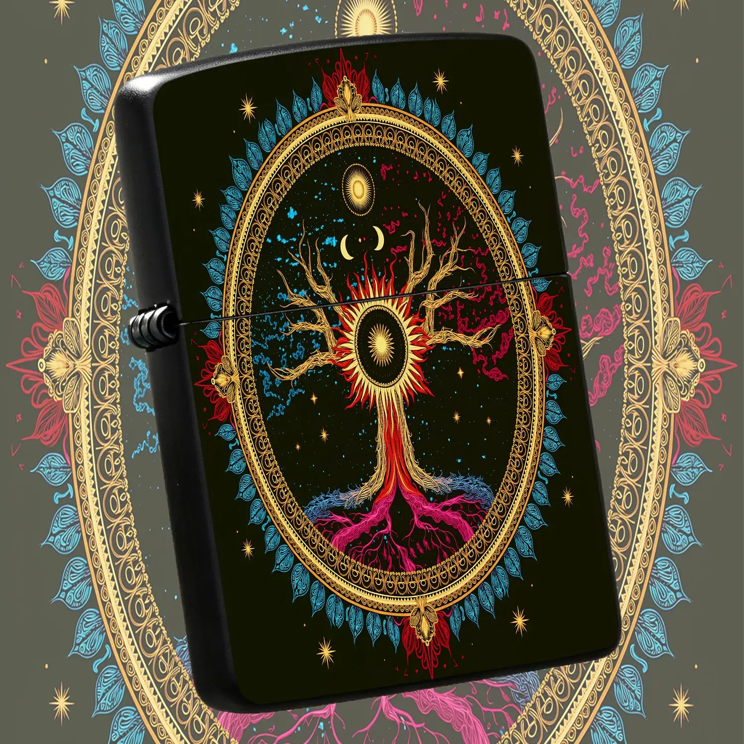 Vintage Mystical Tree Of Life Themed Portable Lighter, Exquisite Cosmic Celestial Sun Moon Totem Decor, Delicate Ornate Pattern Practical Daily Tool, Ideal For Personal Collection And Gifting Across All Scenes, Unique S A Humorous And Inter