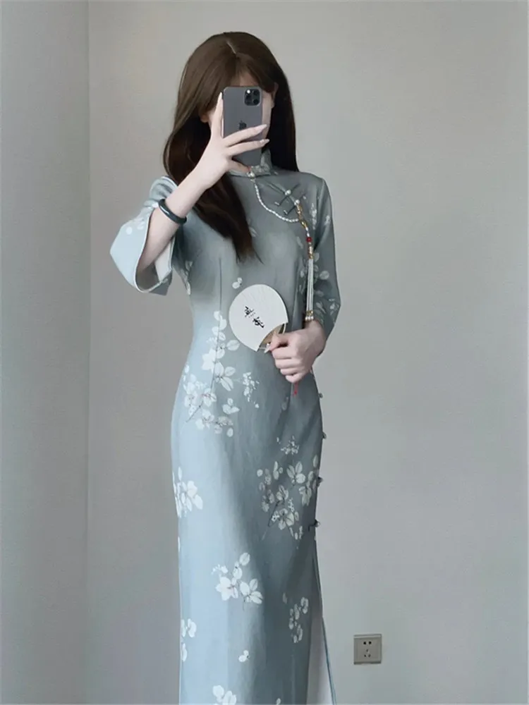 Spring Elegance Young Girls Qipao Asian Dress Women Slim Chinese Style Dress Vintage Fashion Modern Light Green Cheongsam 2024