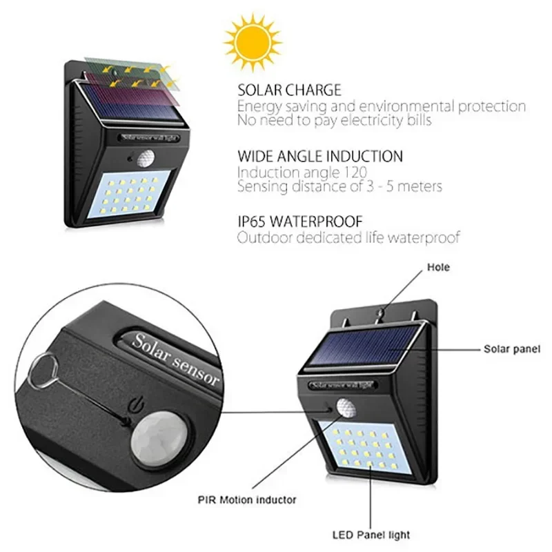 PIR 모션 센서 태양광 LED 조명, 야외 방수 마당 거리 정원 보안 태양광 벽 램프, 30 LED