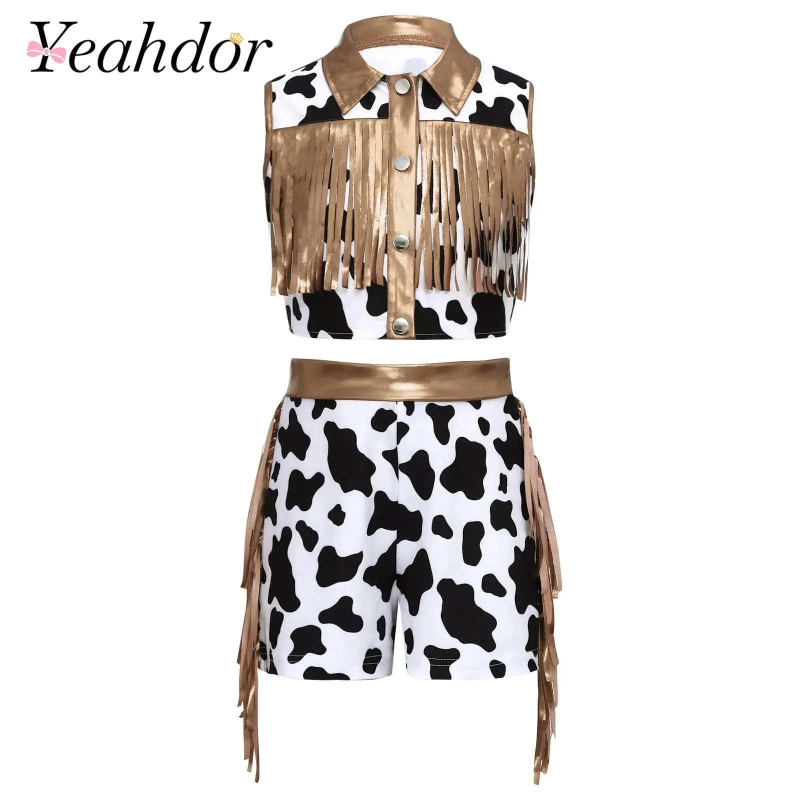 Kids Girls Western Cowgirl Costumes Children Metallic Fringed Top with Tassel Shorts Outfit Print Performance Dance Party Set