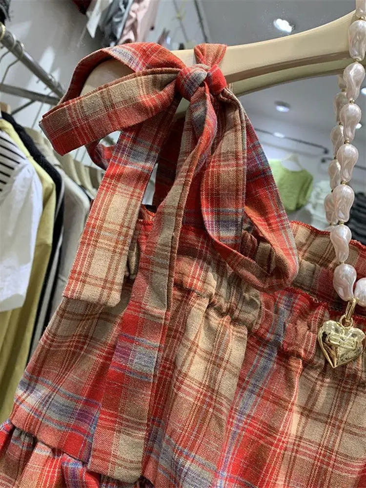 Cute Plaid Doll irt ort Vest Sweet Cool Dstring Rope Square Collar Girl's Faion Retro Sle Spring Season Loose Fit