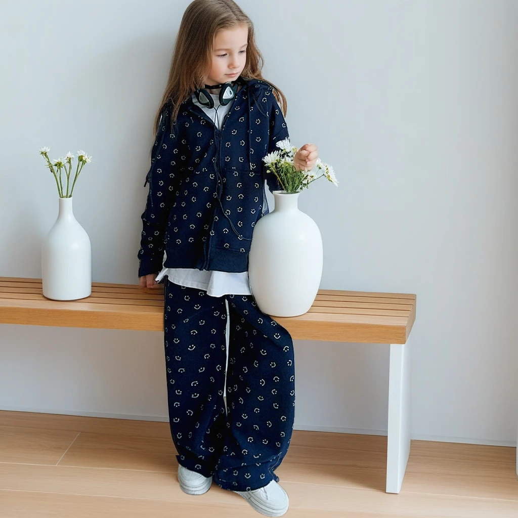 

Autumn Teen School Children Costumes Navy Printed Girls Clothing Set Casual Sport Hooded Outerwear Sweatpants 2pcs Kids Outfits