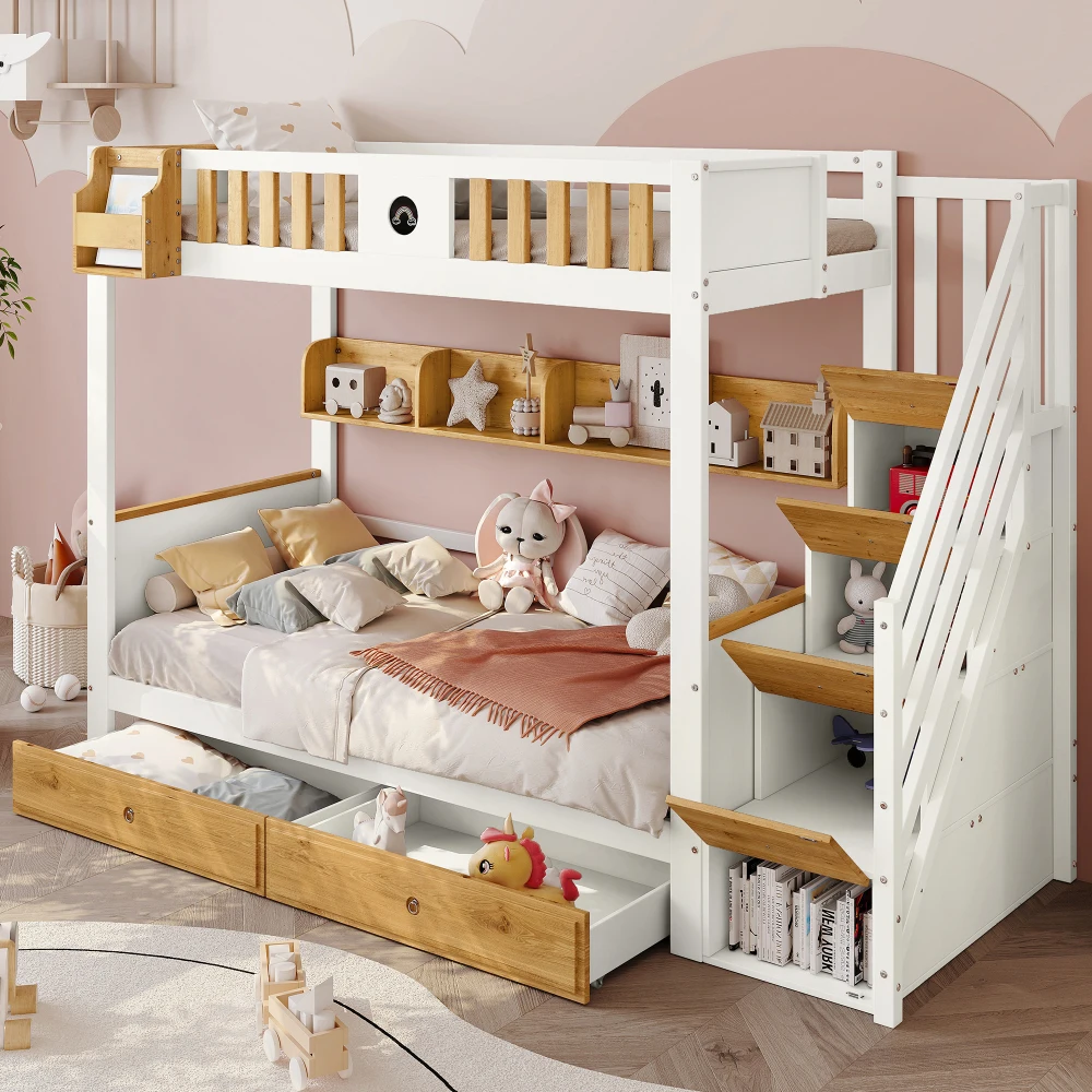 PINGGO Weißes Naturholz-Etagenbett 90x200cm mit Stauraum-Treppe, 4 Schränken, 2 Schubladen, offenem Regal, Fallschirmgitter, Kiefer+MDF, ohne Matratze – Detail 5